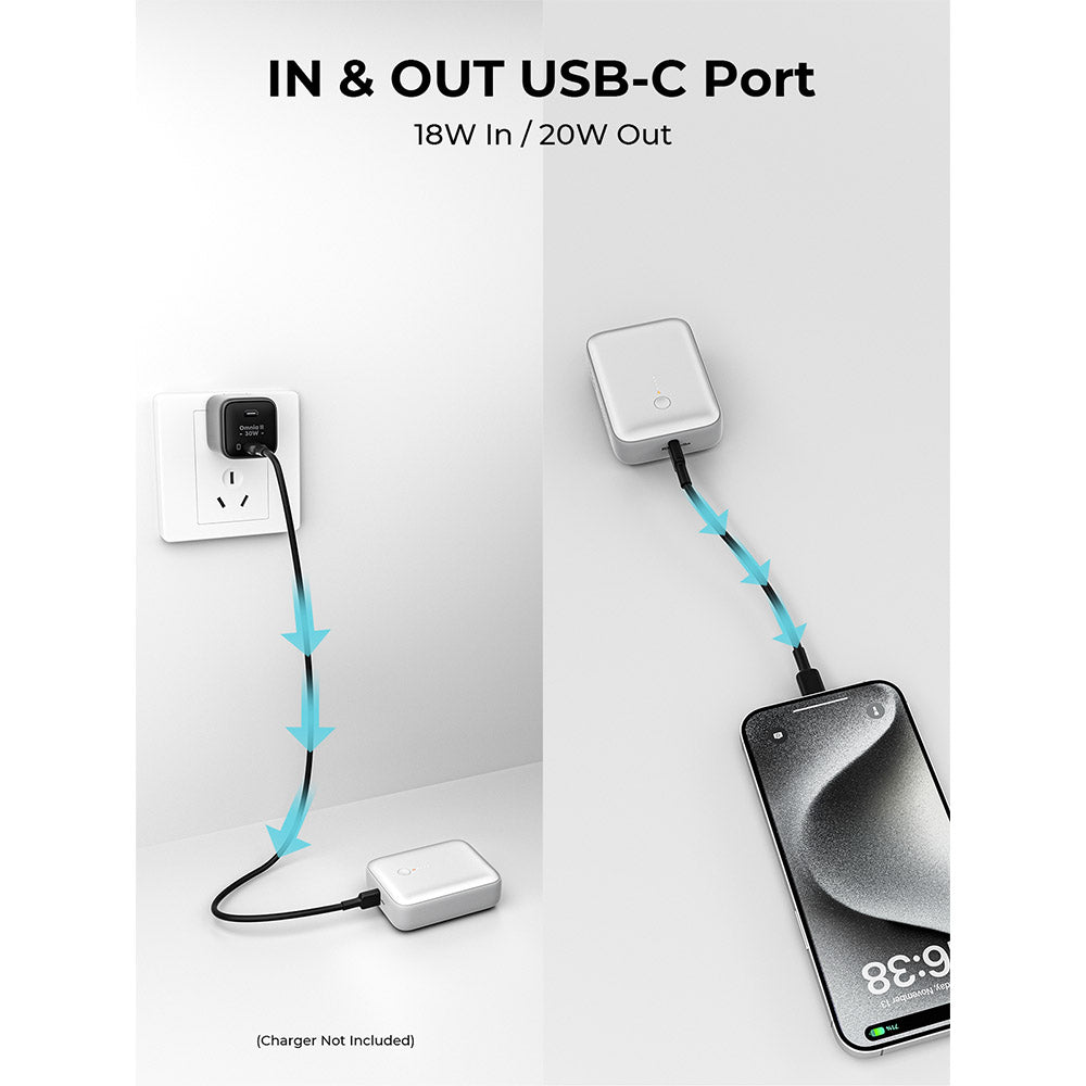 Aukey PB-Y55 Spark Mini 10,000mAh 20W Fast Charging Mini Power Bank (CCC-Certified) - Frost White