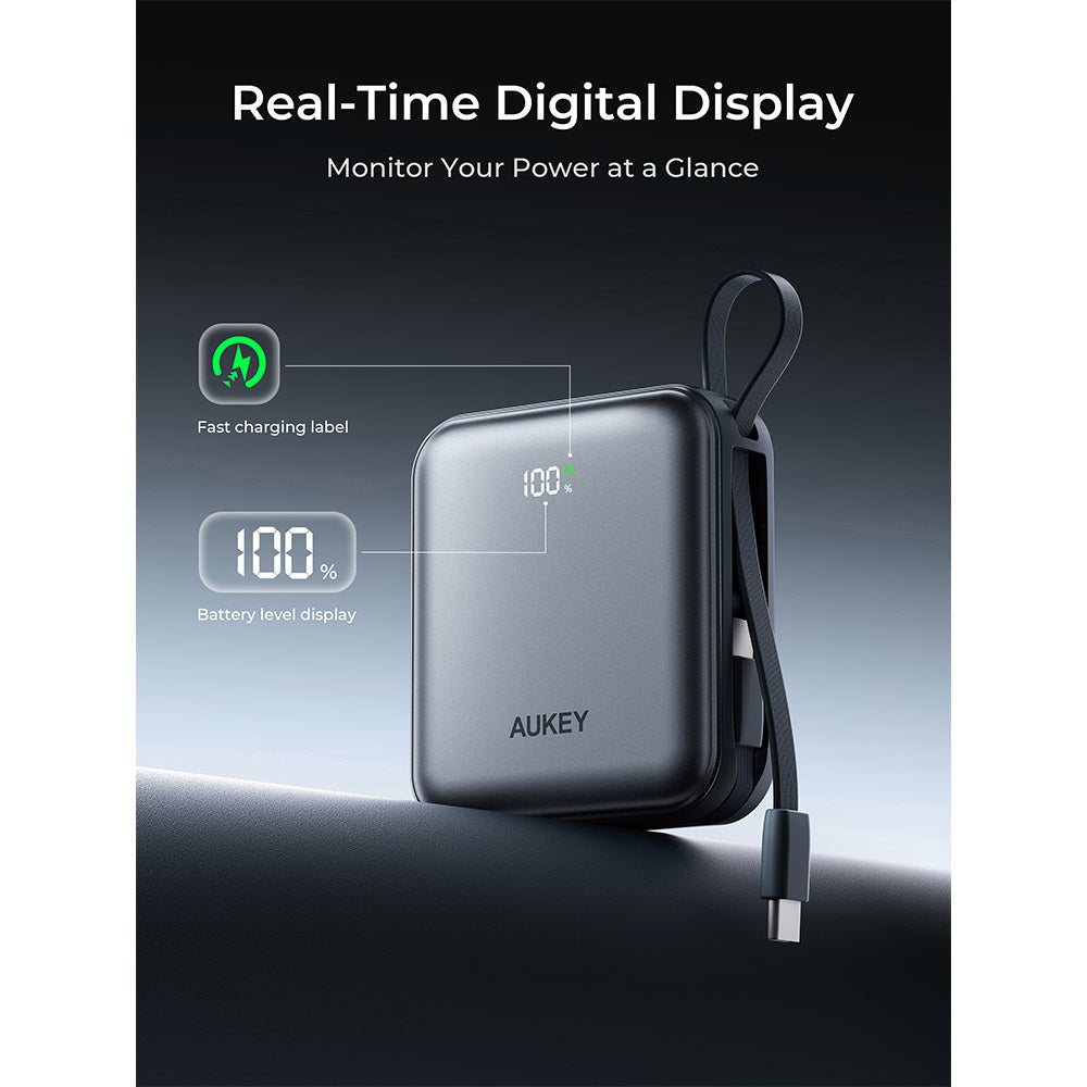 Aukey PB-Y91 Swivel Mini 10,000mAh 35W Power Bank with Dual Built-In USB-C Cables (Grey)