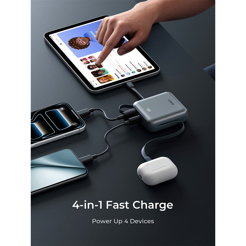 Aukey PB-Y91 Swivel Mini 10,000mAh 35W Power Bank with Dual Built-In USB-C Cables (Grey)