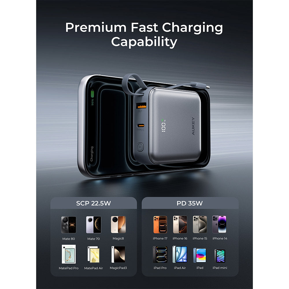 Aukey PB-Y91 Swivel Mini 10,000mAh 35W Power Bank with Dual Built-In USB-C Cables (Grey)