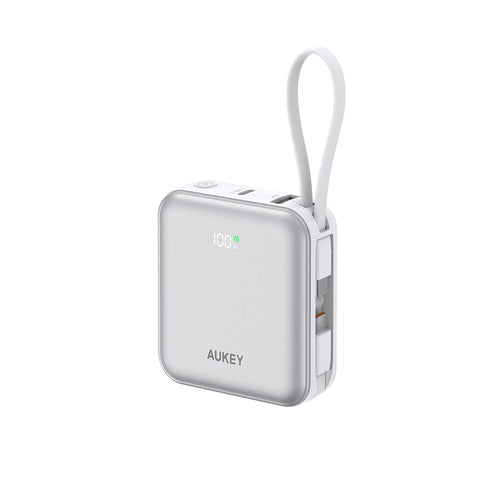 Aukey PB-Y91 Swivel Mini 10,000mAh 35W Power Bank with Dual Built-In USB-C Cables (Silver)