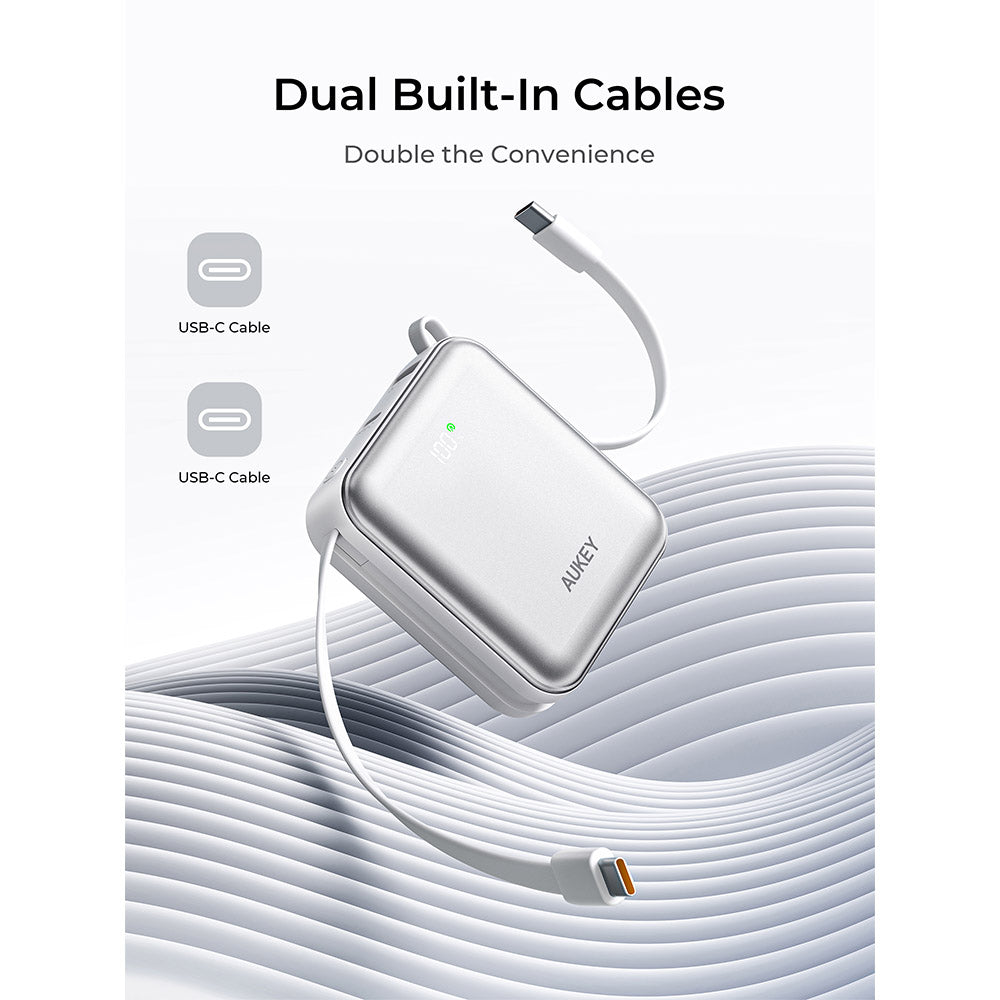Aukey PB-Y91 Swivel Mini 10,000mAh 35W Power Bank with Dual Built-In USB-C Cables (Silver)