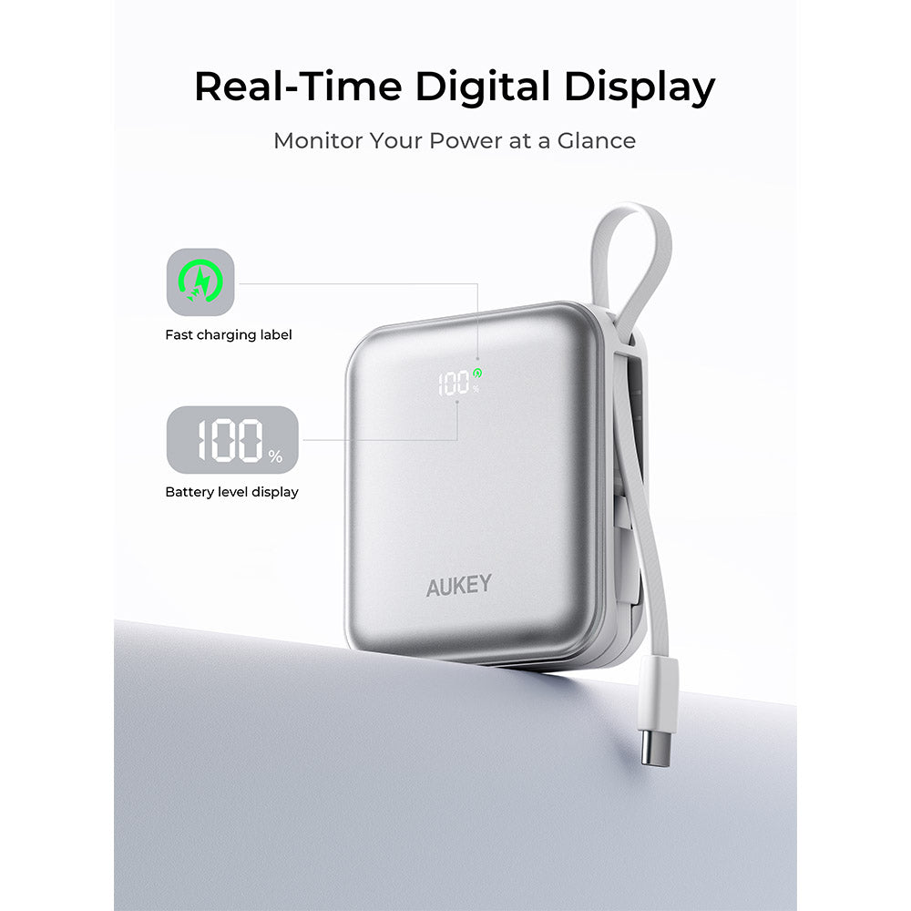 Aukey PB-Y91 Swivel Mini 10,000mAh 35W Power Bank with Dual Built-In USB-C Cables (Silver)