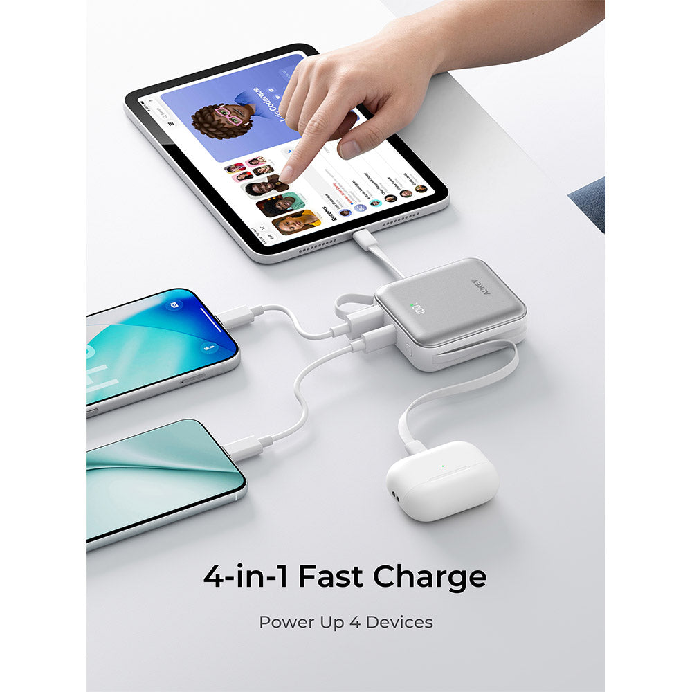 Aukey PB-Y91 Swivel Mini 10,000mAh 35W Power Bank with Dual Built-In USB-C Cables (Silver)