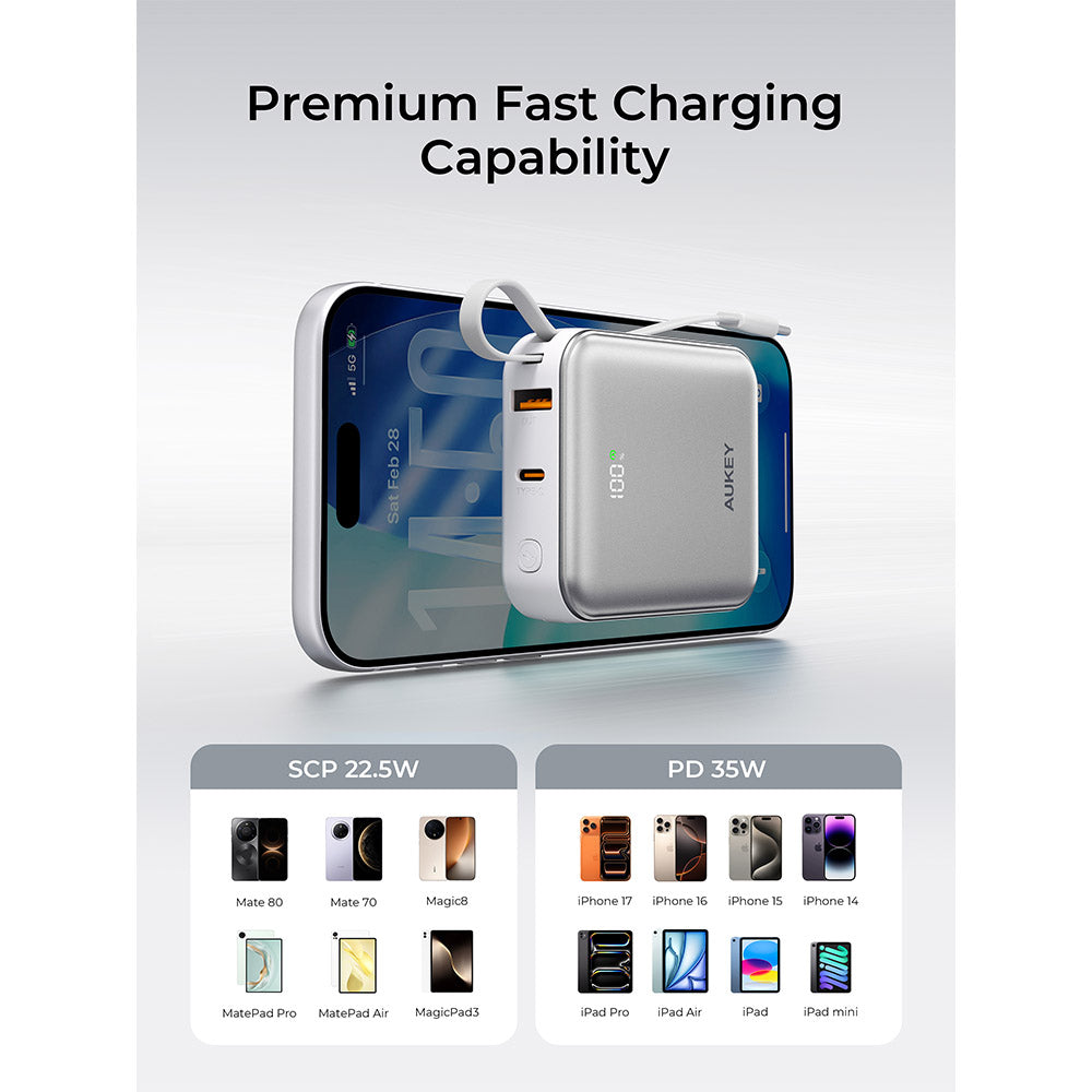Aukey PB-Y91 Swivel Mini 10,000mAh 35W Power Bank with Dual Built-In USB-C Cables (Silver)