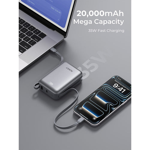 Aukey PB-Y92 Swivel Mini 20,000mAh 35W Power Bank with Dual Built-In USB-C Cables - Grey