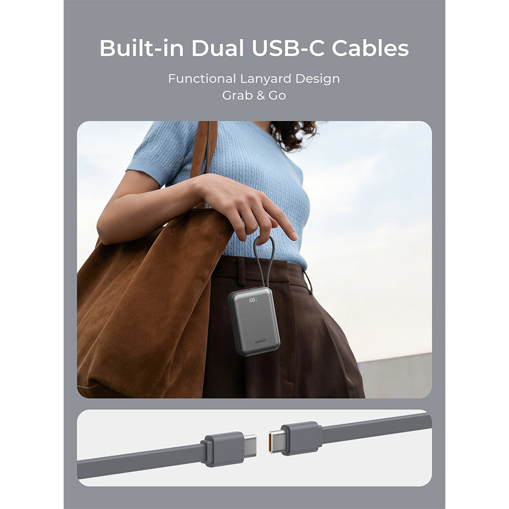 Aukey PB-Y92 Swivel Mini 20,000mAh 35W Power Bank with Dual Built-In USB-C Cables - Grey