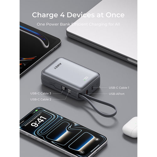 Aukey PB-Y92 Swivel Mini 20,000mAh 35W Power Bank with Dual Built-In USB-C Cables - Grey