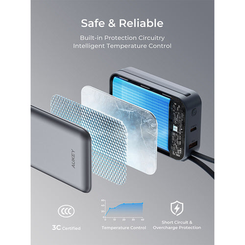 Aukey PB-Y92 Swivel Mini 20,000mAh 35W Power Bank with Dual Built-In USB-C Cables - Grey