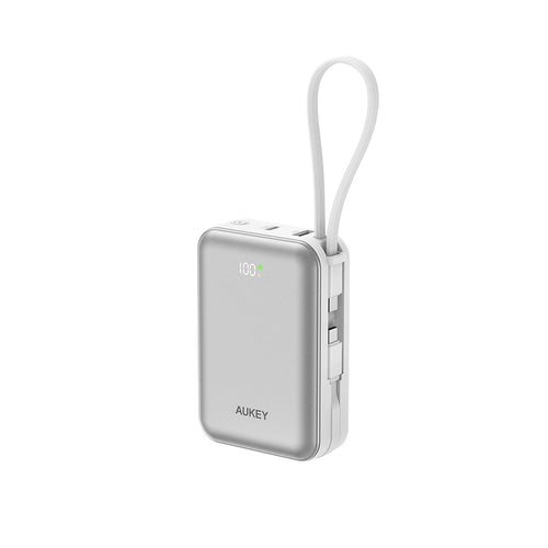 Aukey PB-Y92 Swivel Mini 20,000mAh 35W Power Bank with Dual Built-In USB-C Cables - Silver