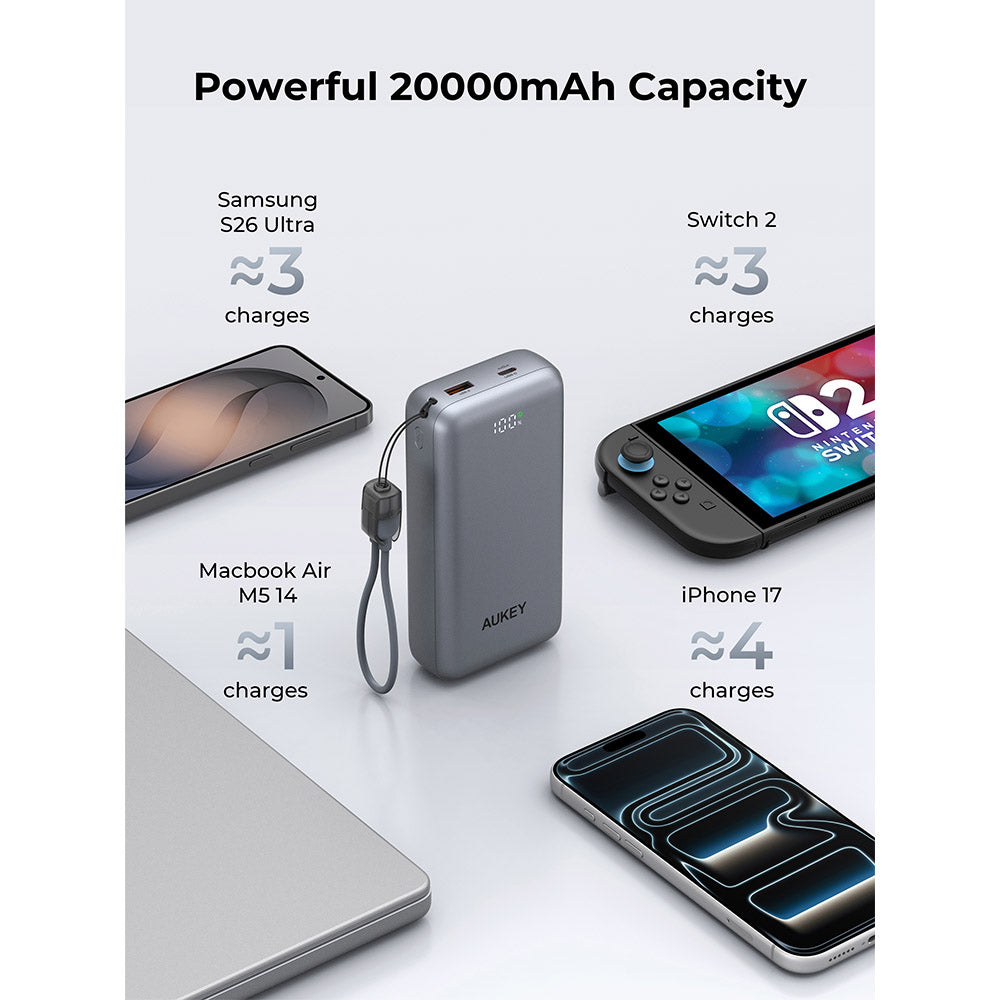 Aukey PB-Y94 Swivel Det 20,000mAh 65W Power Bank with Detachable Cable (Grey)