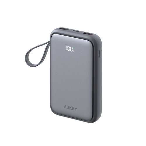 Aukey PB-Y95 Swivel Quad 10,000mAh 22.5W Power Bank with 4 Built-In Charging Cables - Grey