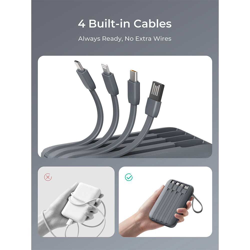 Aukey PB-Y95 Swivel Quad 10,000mAh 22.5W Power Bank with 4 Built-In Charging Cables - Grey