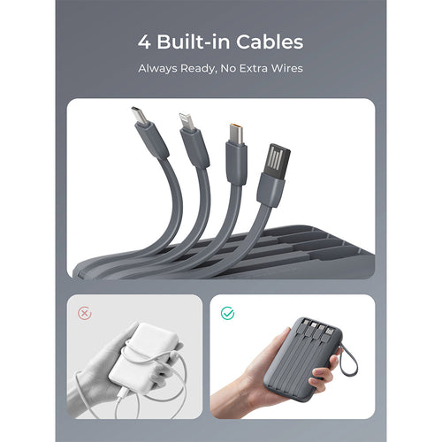 Aukey PB-Y95 Swivel Quad 10,000mAh 22.5W Power Bank with 4 Built-In Charging Cables - Grey