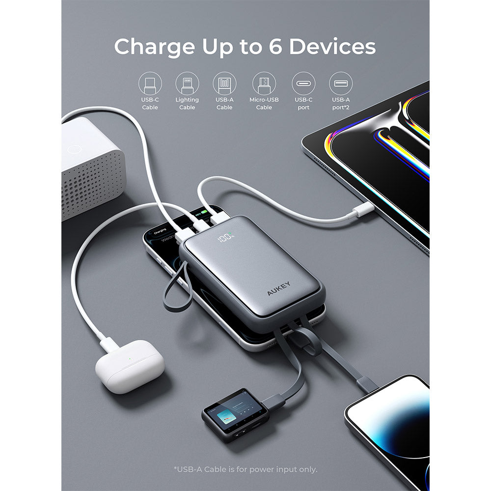 Aukey PB-Y95 Swivel Quad 10,000mAh 22.5W Power Bank with 4 Built-In Charging Cables - Grey