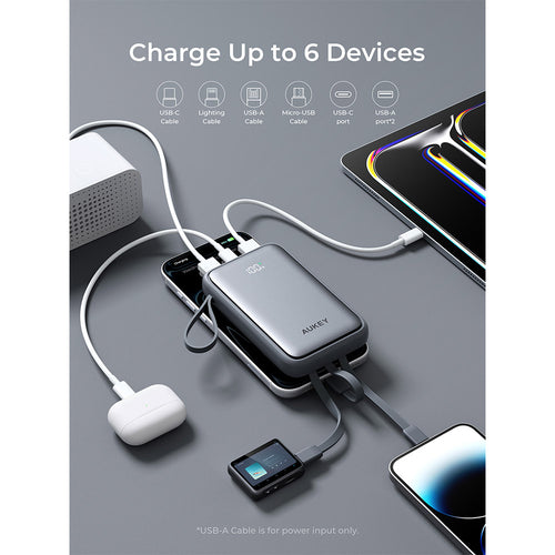 Aukey PB-Y95 Swivel Quad 10,000mAh 22.5W Power Bank with 4 Built-In Charging Cables - Grey