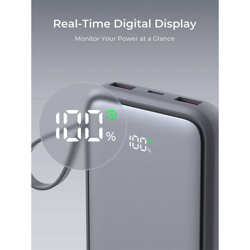 Aukey PB-Y95 Swivel Quad 10,000mAh 22.5W Power Bank with 4 Built-In Charging Cables - Grey