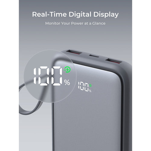Aukey PB-Y95 Swivel Quad 10,000mAh 22.5W Power Bank with 4 Built-In Charging Cables - Grey
