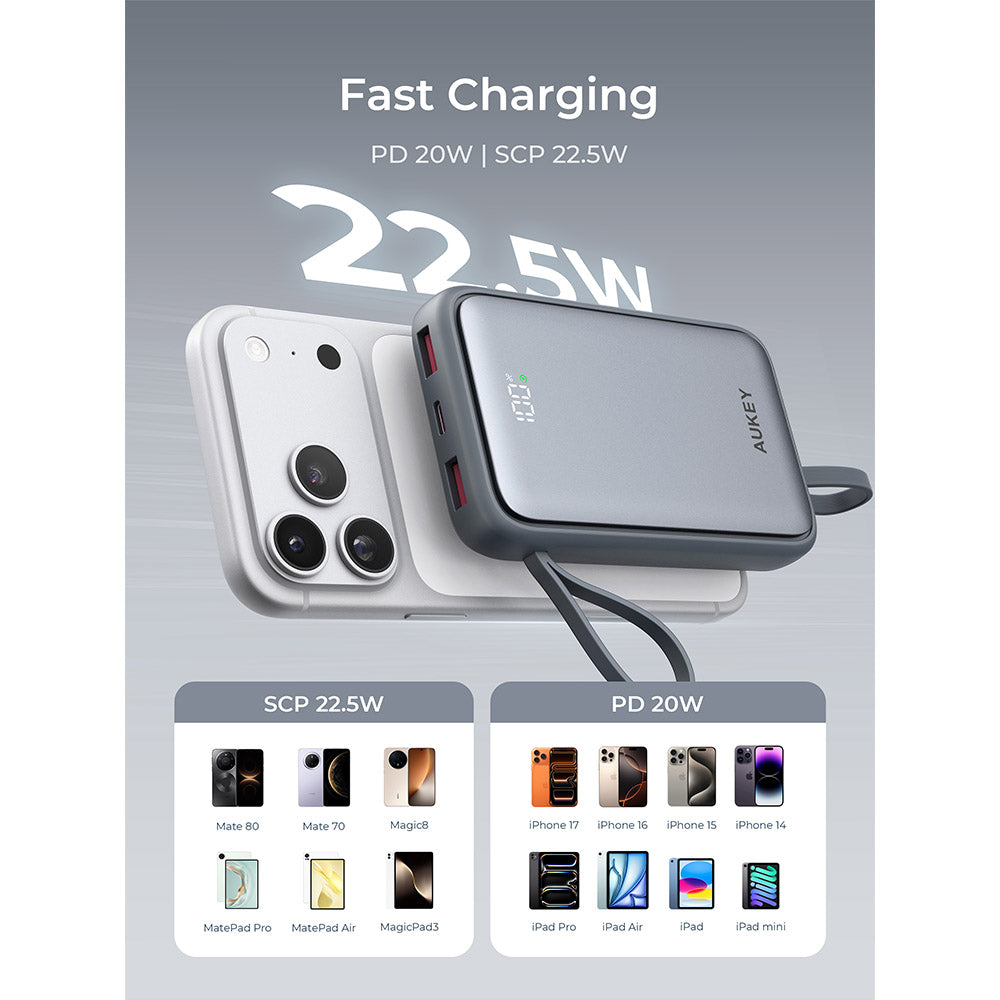 Aukey PB-Y95 Swivel Quad 10,000mAh 22.5W Power Bank with 4 Built-In Charging Cables - Grey