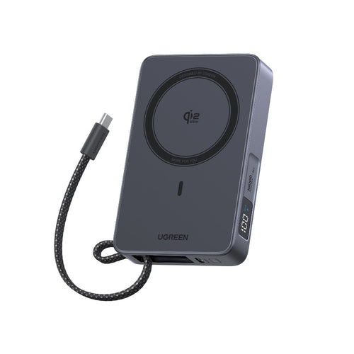 Ugreen PB773_65958B 10000mAh 30W PD Power Bank with Qi 2.2 25W Magnetic Charging, Built-in Cable and CCC - Gray
