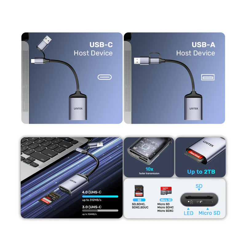 Unitek R1018E01 2-in-1 USB-C/A SD4.0 Card Reader