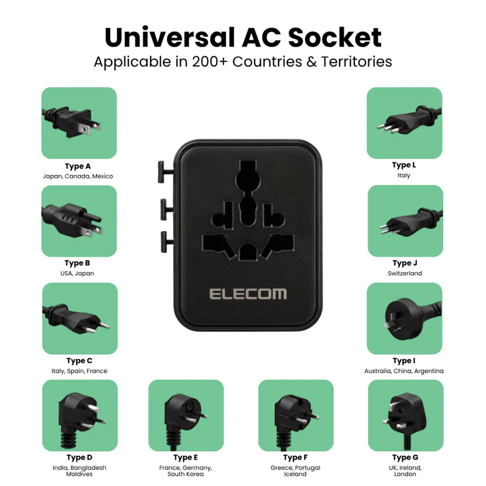 Elecom T-TA01‐AS70BK PD70W 3C2A Travel Adapter - Black