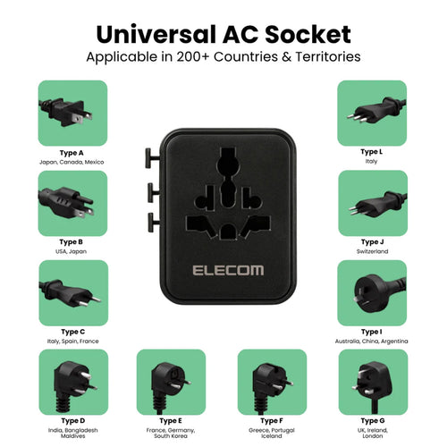 Elecom T-TA01‐AS70BK PD70W 3C2A Travel Adapter - Black