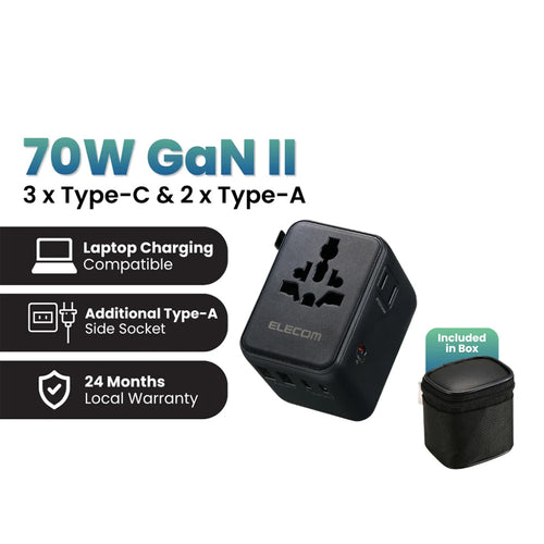 Elecom T-TA01‐AS70BK PD70W 3C2A Travel Adapter - Black