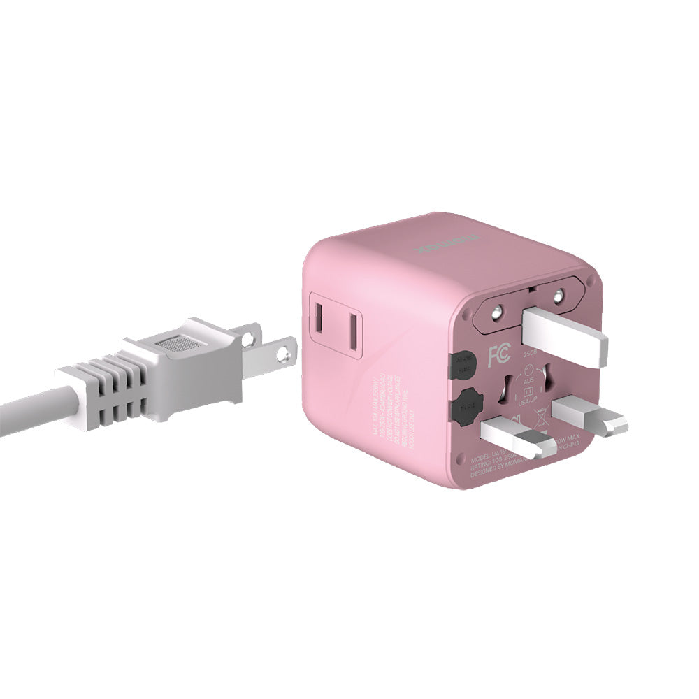 MOMAX UA19P 1-World Universal Travel Adapter with Dual AC - Pink