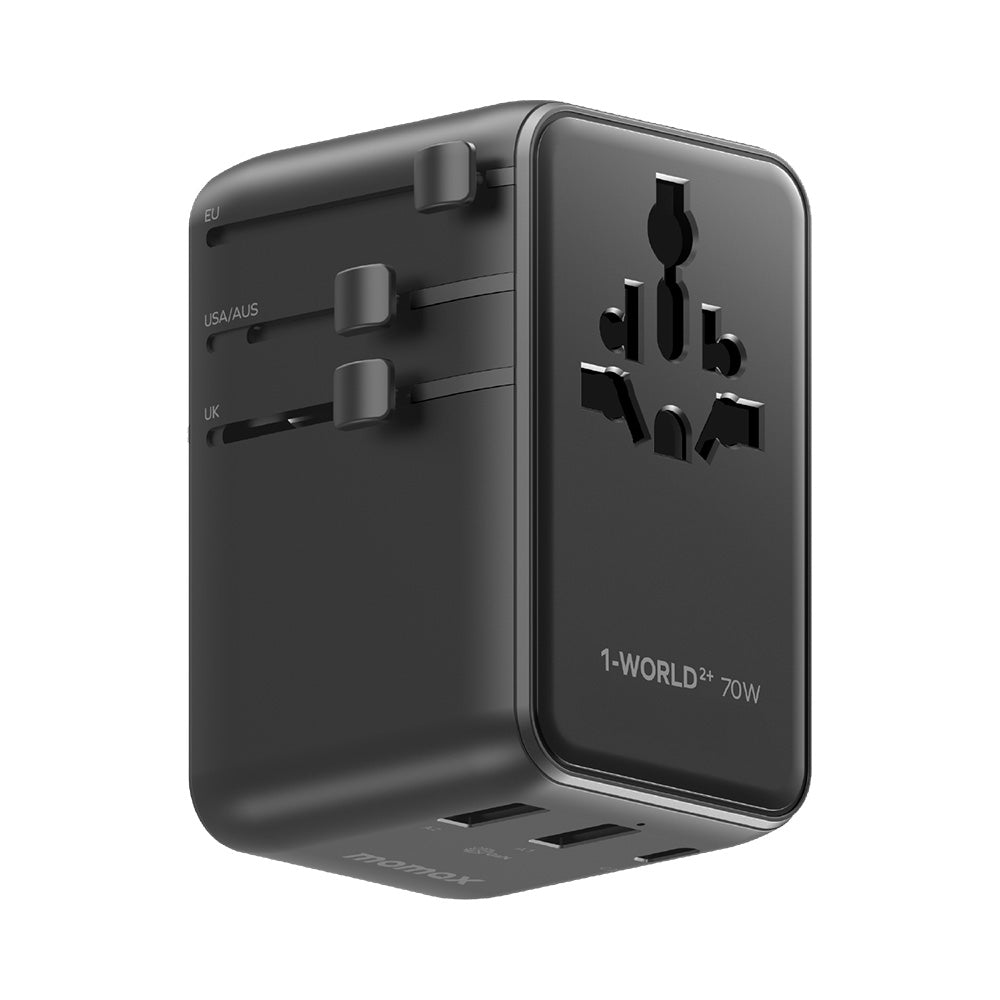 MOMAX UA30D 1-World2+ 70W 3-Port Dual AC Travel Adapter with Built-in Retractable Cable - Black