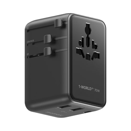 MOMAX UA30D 1-World2+ 70W 3-Port Dual AC Travel Adapter with Built-in Retractable Cable - Black