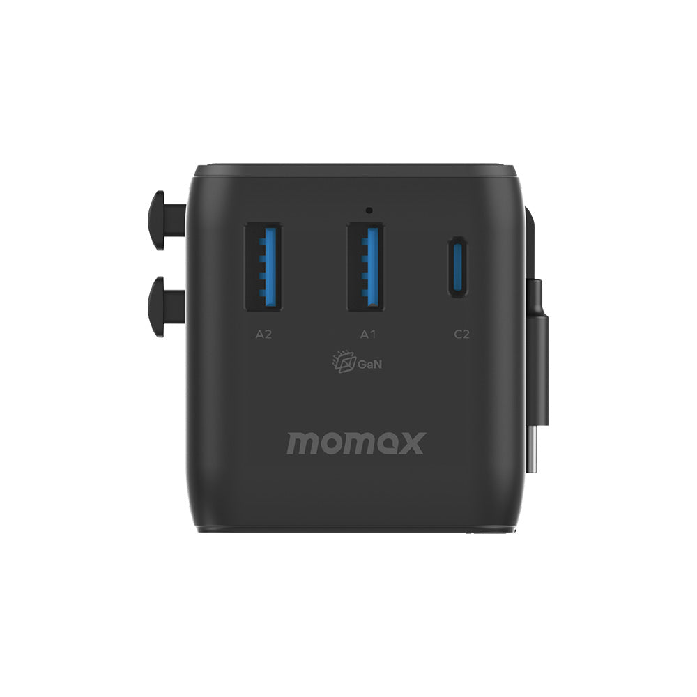 MOMAX UA30D 1-World2+ 70W 3-Port Dual AC Travel Adapter with Built-in Retractable Cable - Black