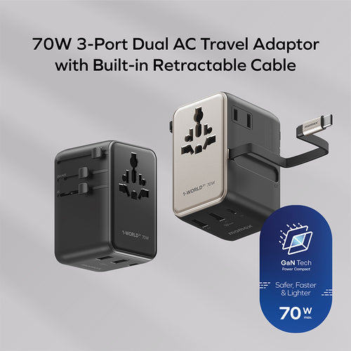 MOMAX UA30D 1-World2+ 70W 3-Port Dual AC Travel Adapter with Built-in Retractable Cable - Black