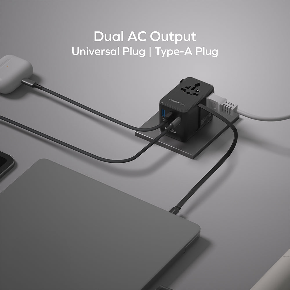 MOMAX UA30D 1-World2+ 70W 3-Port Dual AC Travel Adapter with Built-in Retractable Cable - Black