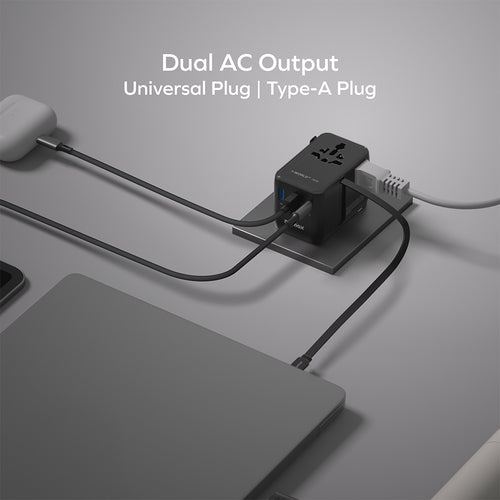 MOMAX UA30D 1-World2+ 70W 3-Port Dual AC Travel Adapter with Built-in Retractable Cable - Black