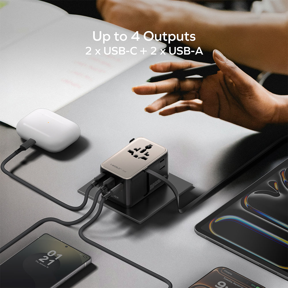 MOMAX UA30D 1-World2+ 70W 3-Port Dual AC Travel Adapter with Built-in Retractable Cable - Black