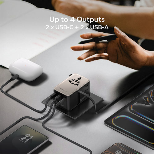 MOMAX UA30D 1-World2+ 70W 3-Port Dual AC Travel Adapter with Built-in Retractable Cable - Black