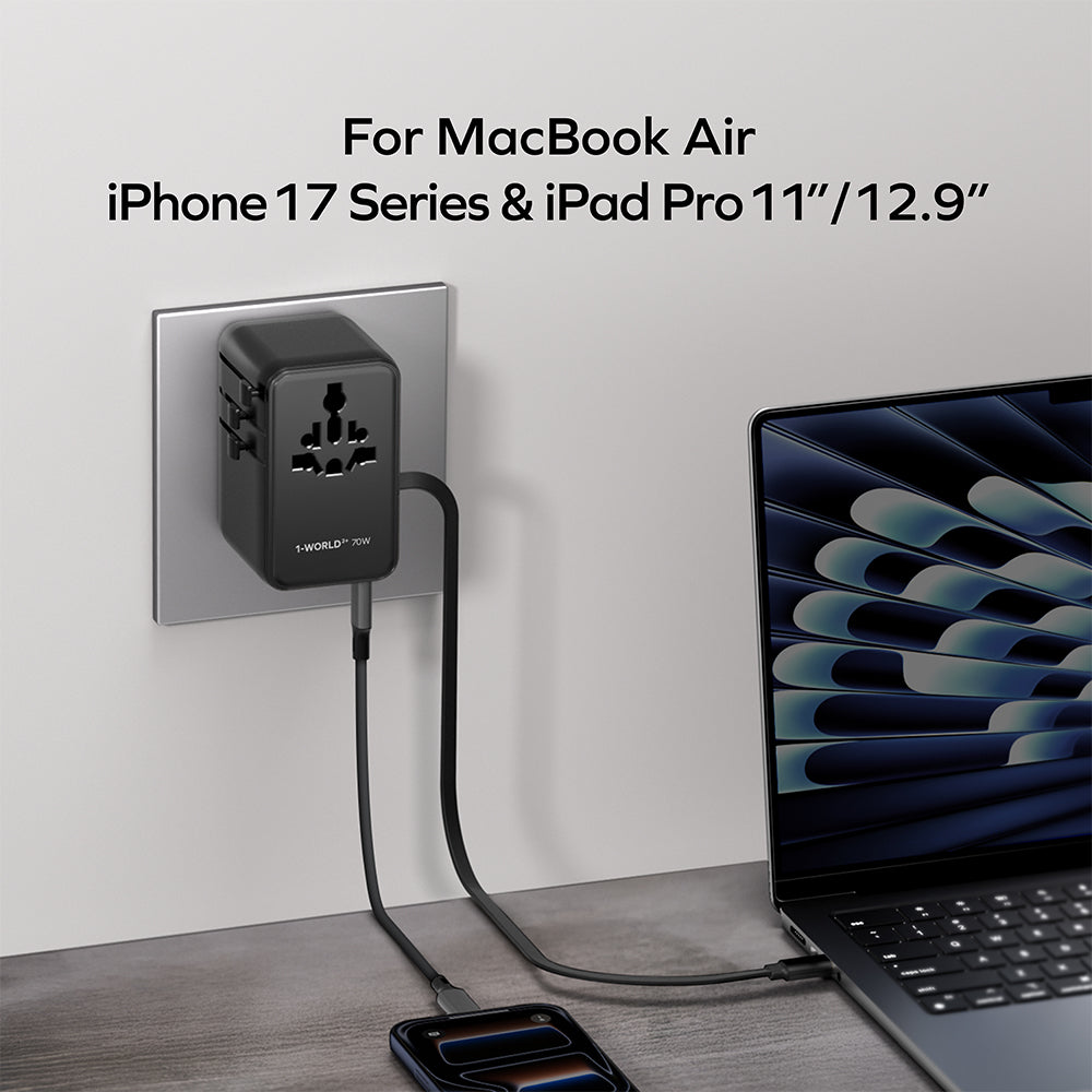 MOMAX UA30D 1-World2+ 70W 3-Port Dual AC Travel Adapter with Built-in Retractable Cable - Black