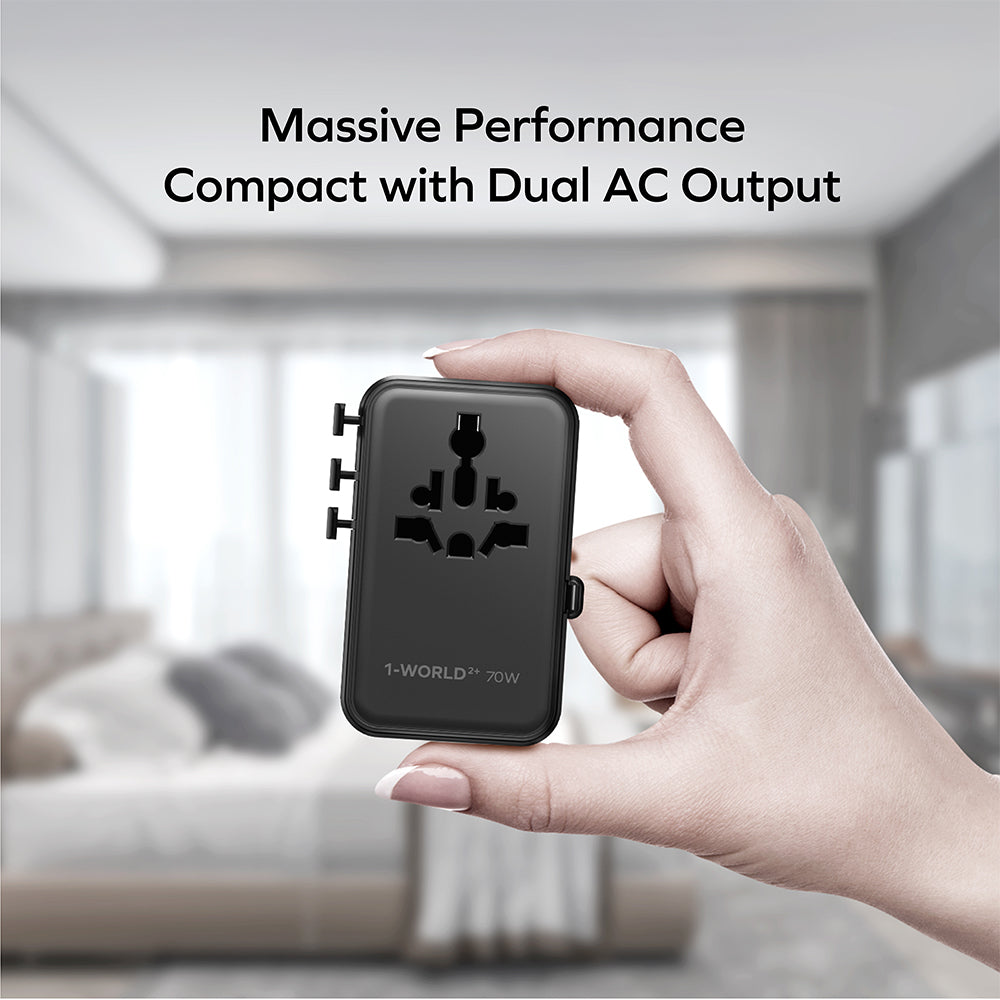 MOMAX UA30D 1-World2+ 70W 3-Port Dual AC Travel Adapter with Built-in Retractable Cable - Black