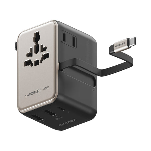 MOMAX UA30L 1-World2+ 70W 3-Port Dual AC Travel Adapter with Built-in Retractable Cable - Titanium