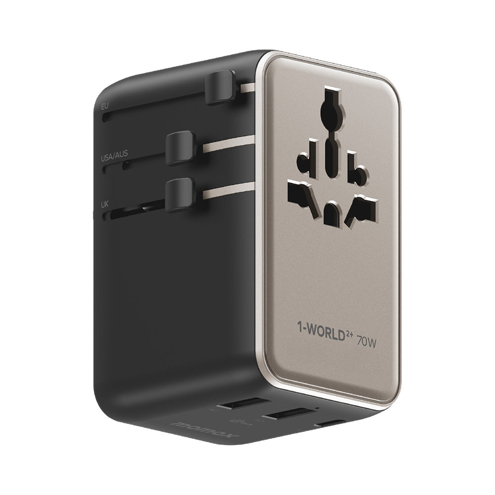 MOMAX UA30L 1-World2+ 70W 3-Port Dual AC Travel Adapter with Built-in Retractable Cable - Titanium