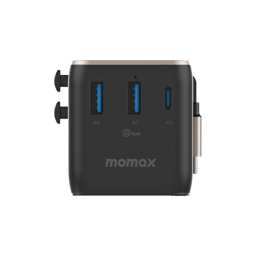 MOMAX UA30L 1-World2+ 70W 3-Port Dual AC Travel Adapter with Built-in Retractable Cable - Titanium