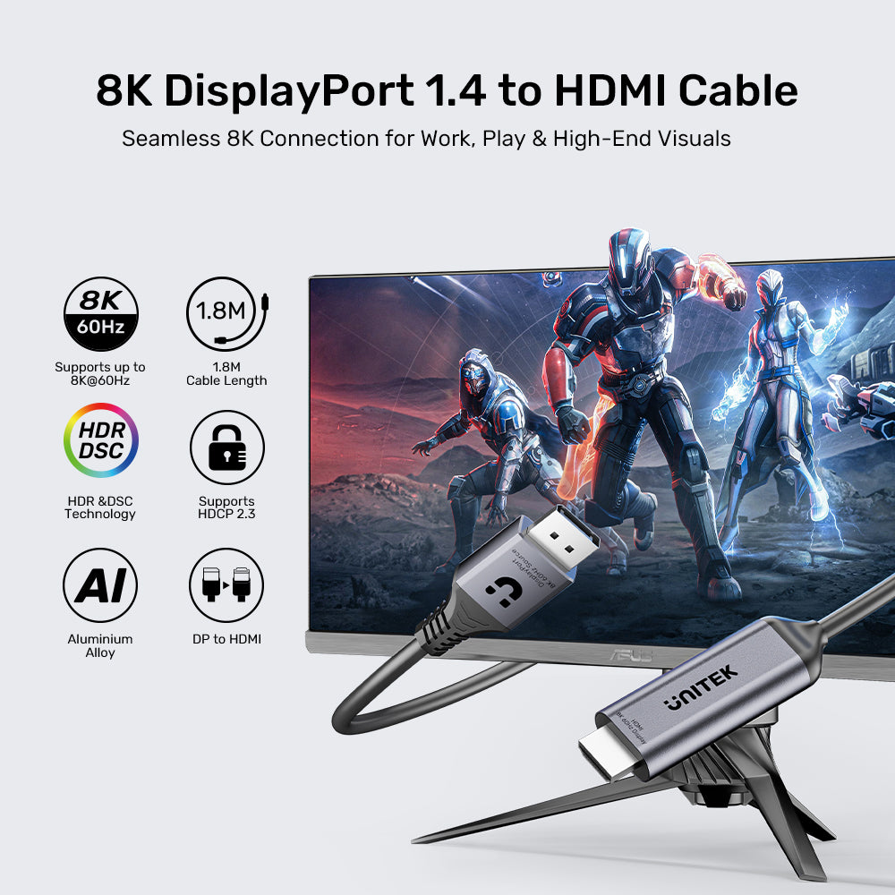 Unitek V1616AGY01 8K DisplayPort 1.4 to HDMI Cable 1.8M