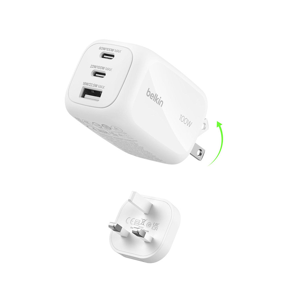 Belkin WCH016myWH BoostCharge Pro 3-Port GaN Wall Charger 100W + International Plug Tip