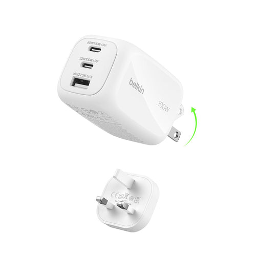 Belkin WCH016myWH BoostCharge Pro 3-Port GaN Wall Charger 100W + International Plug Tip