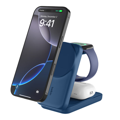 Belkin WIZ036myBL UltraCharge 3-in-1 Foldable Magnetic Charger with Qi2 25W (Square Form) - Blue