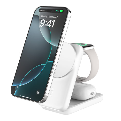 Belkin WIZ036myWH UltraCharge 3-in-1 Foldable Magnetic Charger with Qi2 25W (Square Form) - White