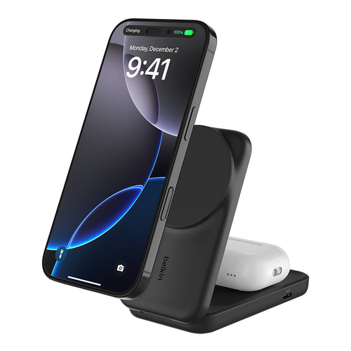 Belkin WIZ038myBK UltraCharge 2-in-1 Foldable Magnetic Charger with Qi2 25W (Square Form) - Black