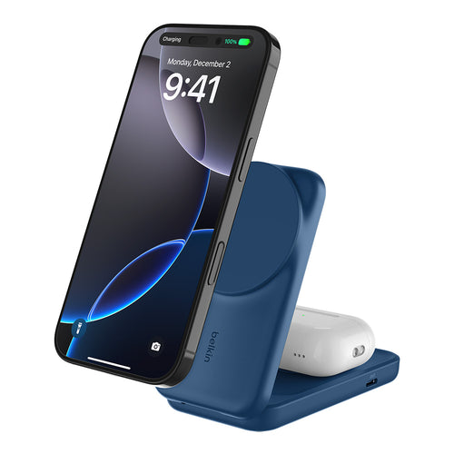 Belkin WIZ038myBL UltraCharge 2-in-1 Foldable Magnetic Charger with Qi2 25W (Square Form) - Blue
