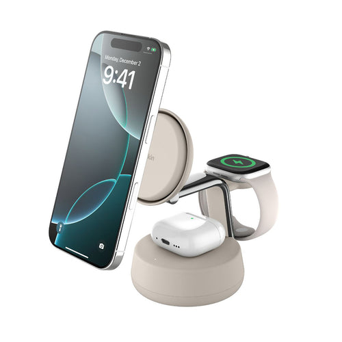 Belkin WIZ040mySD UltraCharge Pro 3-in-1 Magnetic Charging Dock with Qi2 25W - Sand